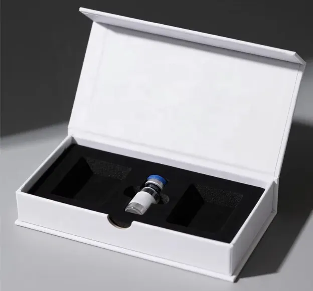 Peptide vial held in a fitted black insert inside an open white presentation box