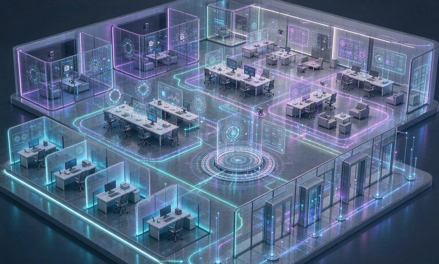 Illustration of an office floor plan with desks, meeting rooms and digital overlays