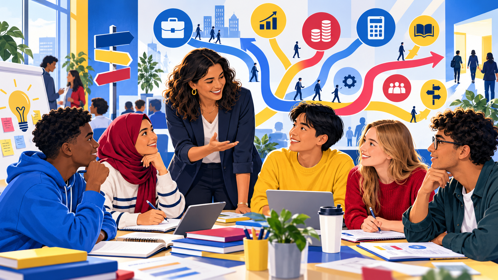 Careers guidance and vocational pathways for young people Editorial illustration of young people receiving careers guidance and exploring routes into business, accountancy and finance.