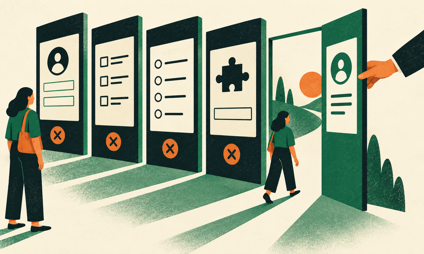 Editorial illustration showing an applicant passing through an open alternative route beside online screening panels.