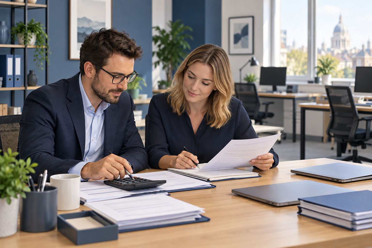 AI-generated editorial illustration of two accountants reviewing documents in an office.