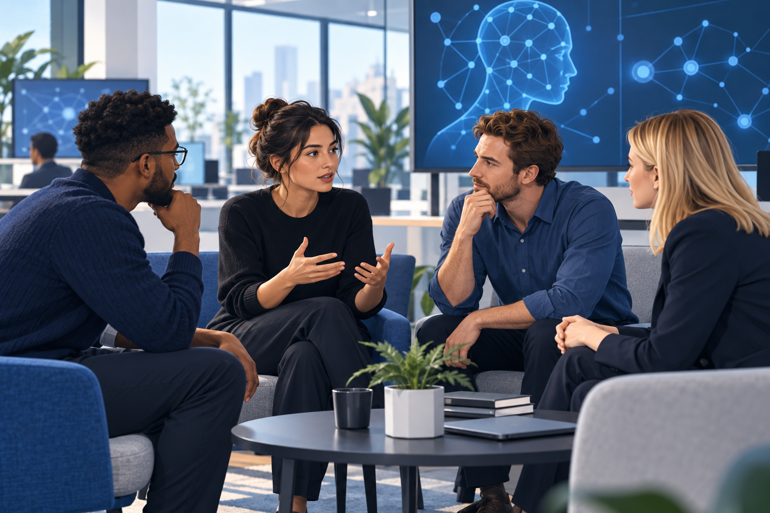 AI-generated editorial illustration of technology colleagues discussing concerns in an office.