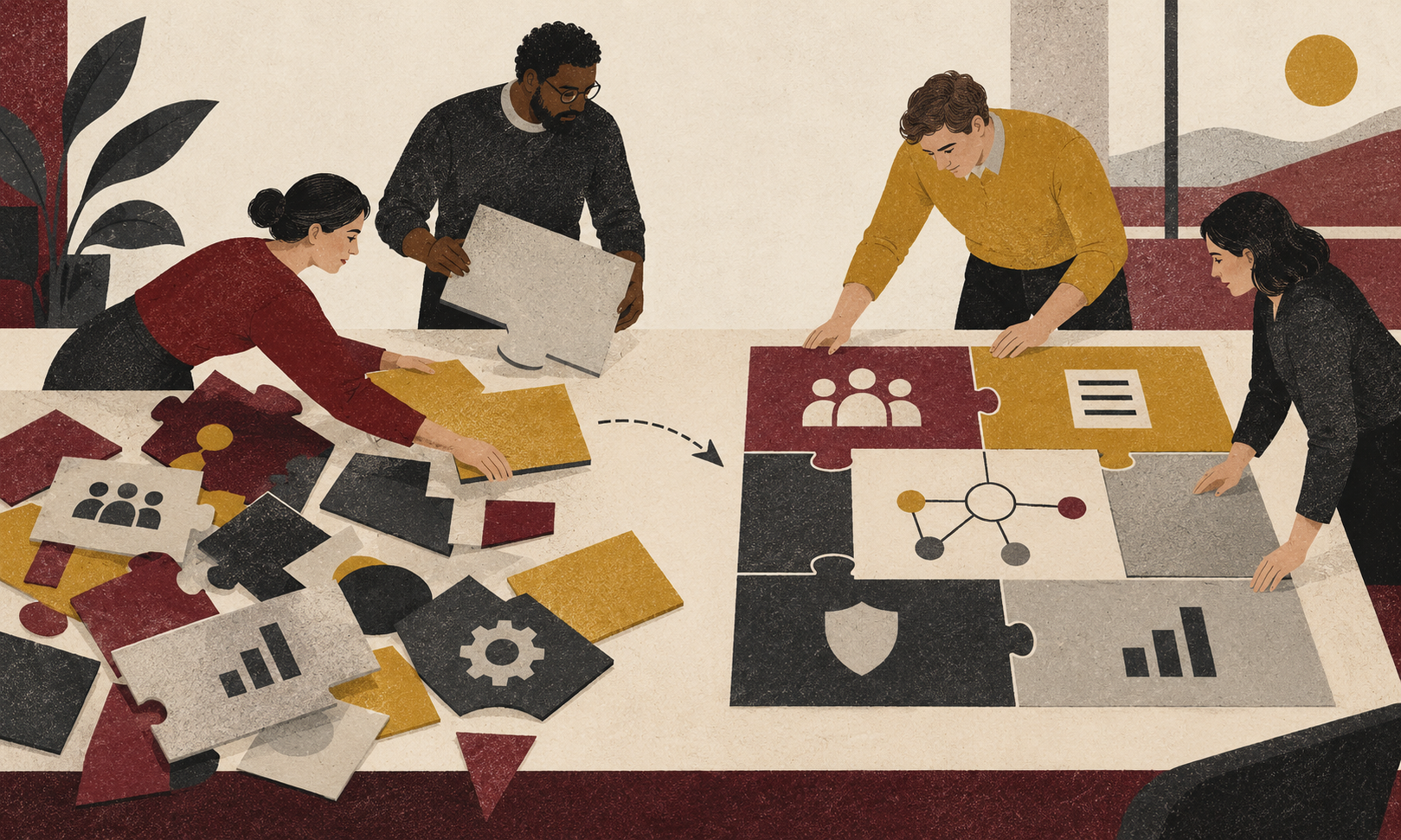Editorial illustration of a team assembling pieces representing people, skills, governance and business processes