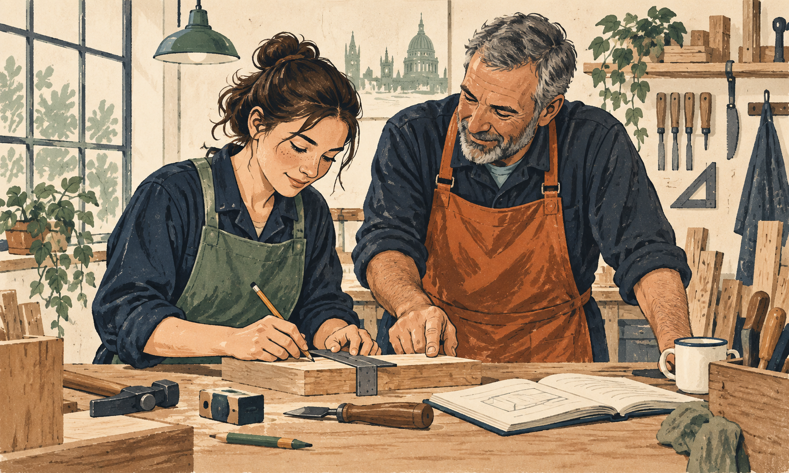 Editorial illustration of a young adult apprentice learning at a workbench with a mentor
