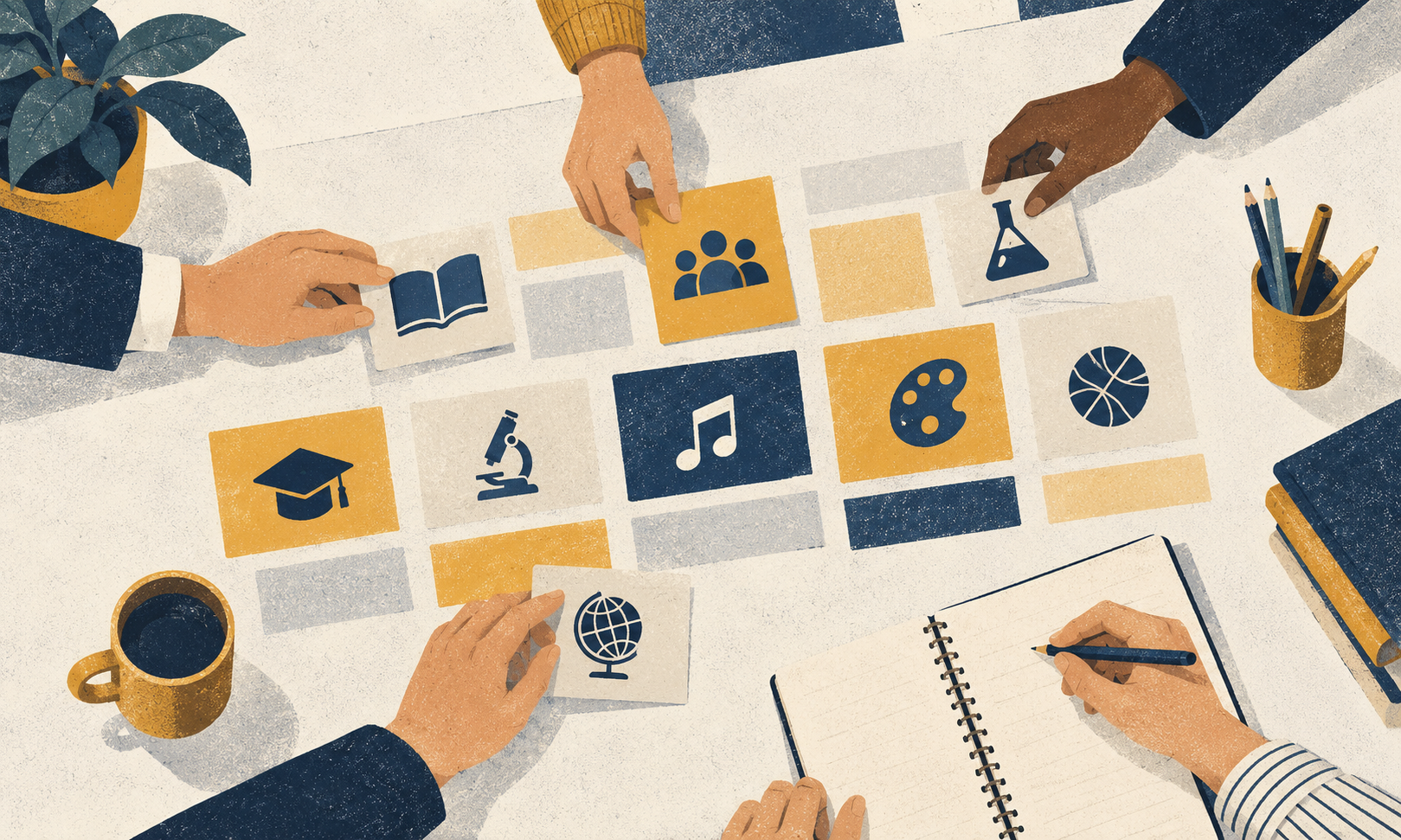 Illustration of people arranging education subject cards together, representing collaboration between education recruitment partners.