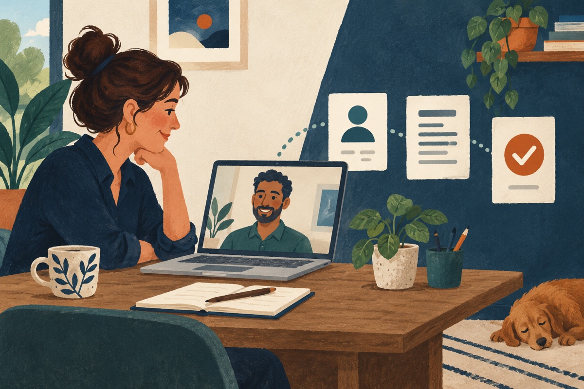 Editorial illustration of a small-business owner interviewing a remote candidate, with identity and employment verification cards.