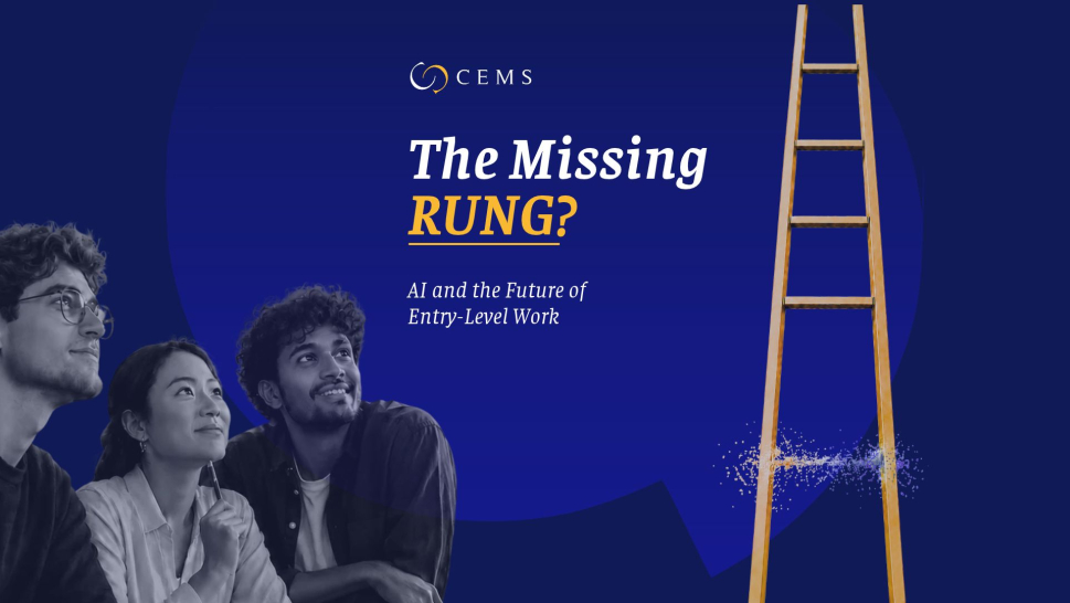 CEMS report artwork showing graduates looking towards a ladder with a missing rung