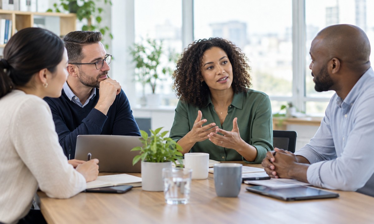 Illustration of colleagues taking part in a coaching conversation