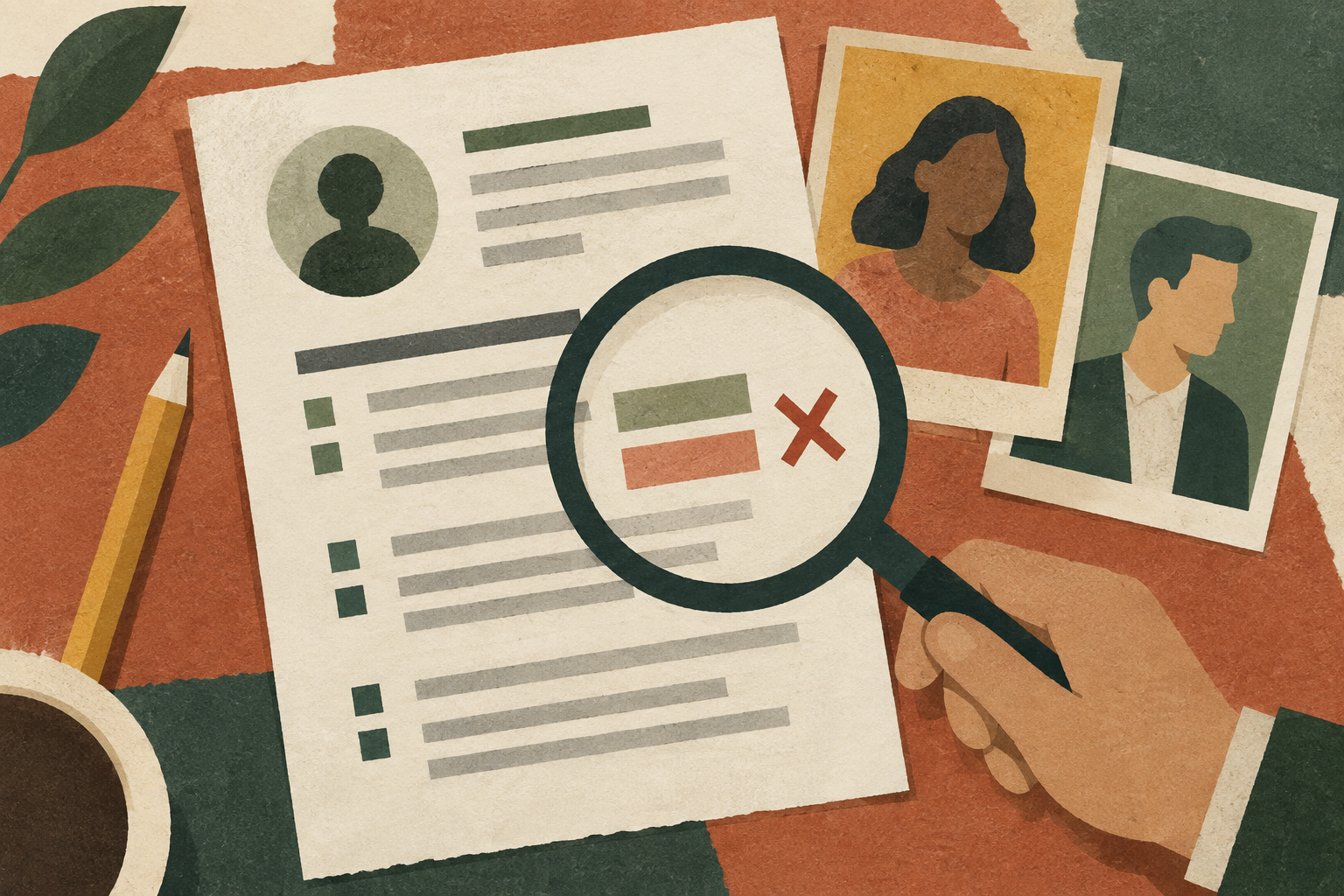 Paper-collage illustration of a magnifying glass checking details on a CV
