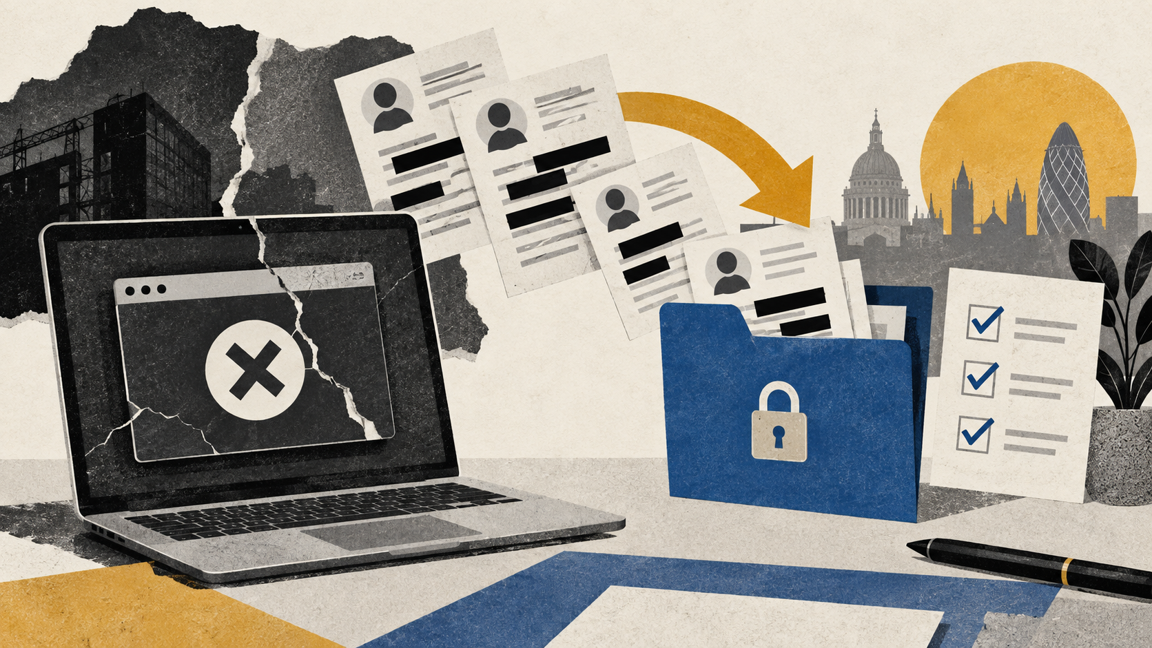 Editorial illustration of redacted CVs moving from a closed software system into a secure agency-controlled folder