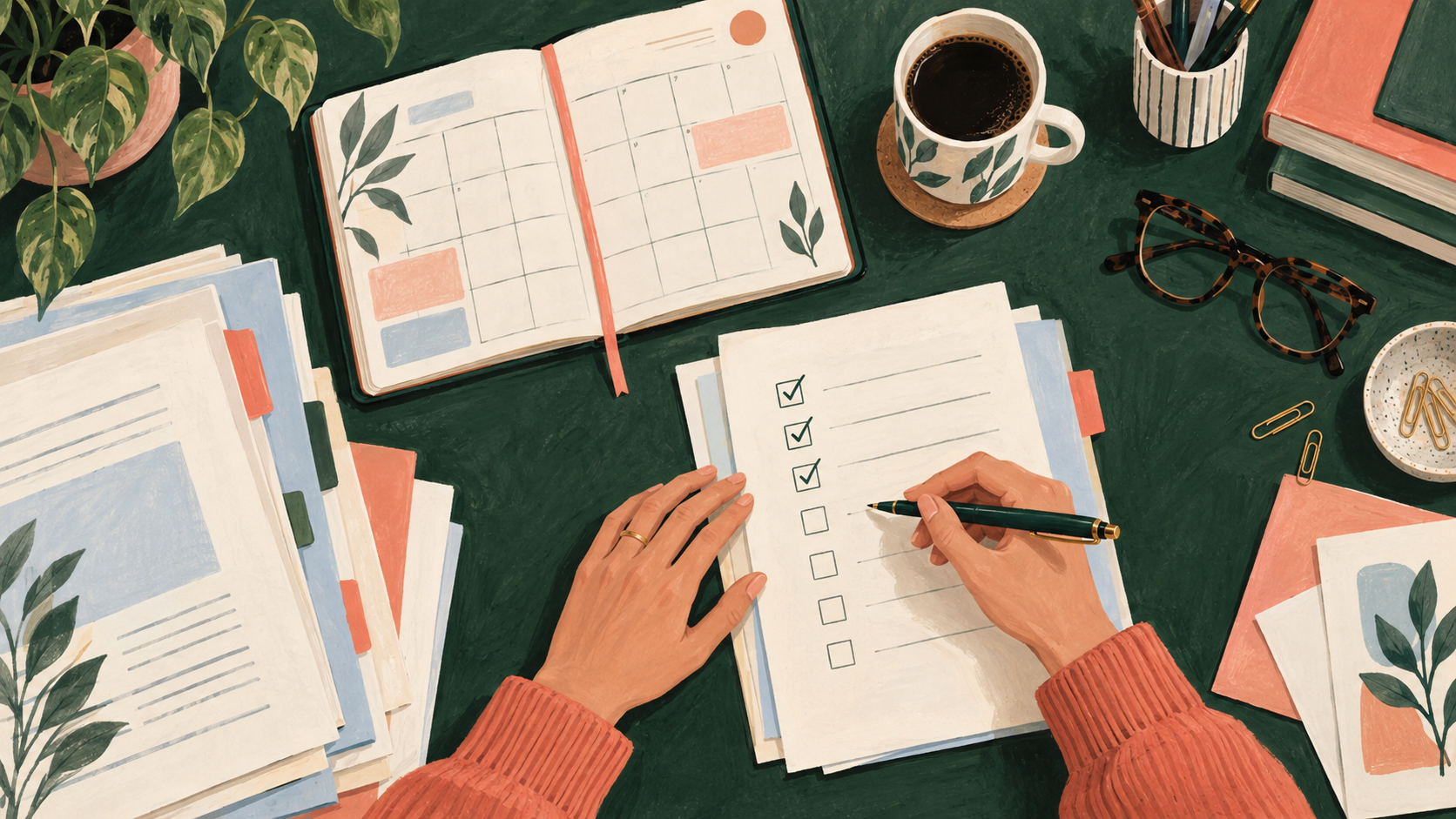 Editorial illustration of an HR professional reviewing a checklist beside a planner and policy documents.