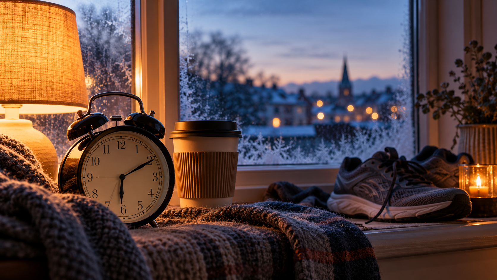Finding balance beyond long working hours Clock and trainers by a winter window, representing work-life balance