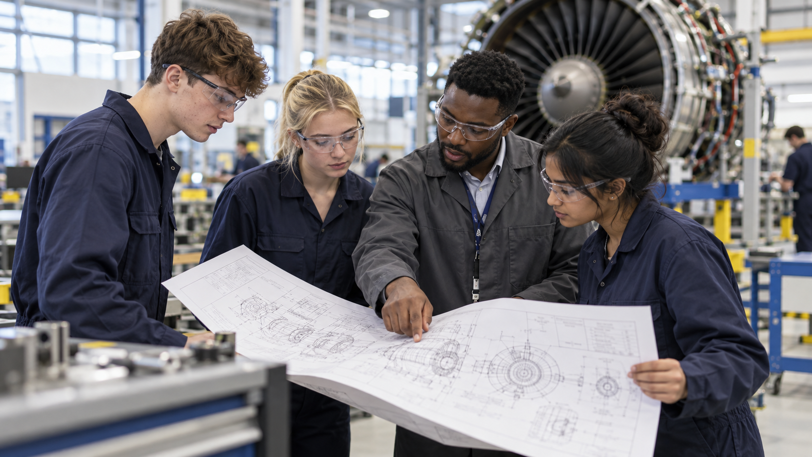 Young engineering apprentices reviewing a technical blueprint with a mentor