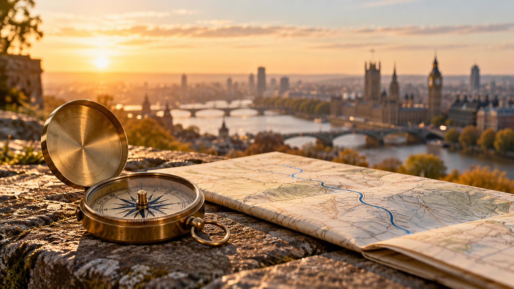 A direction for hiring confidence Brass compass and route map representing hiring confidence
