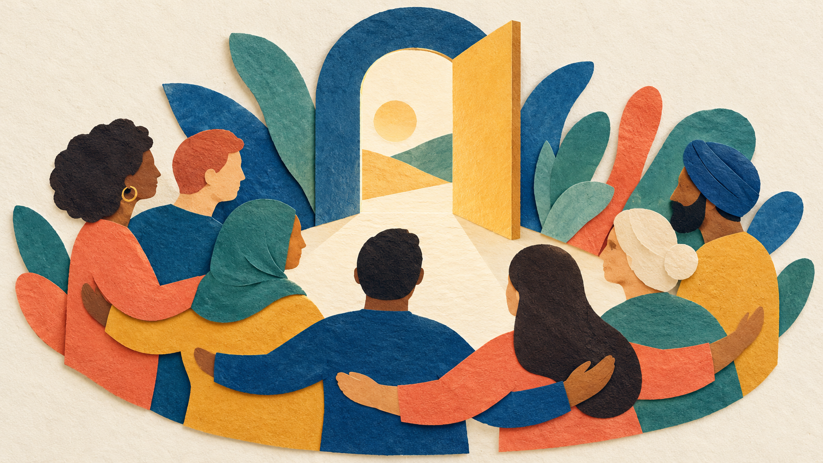 Building an inclusive workplace Paper collage showing people gathered around an open doorway