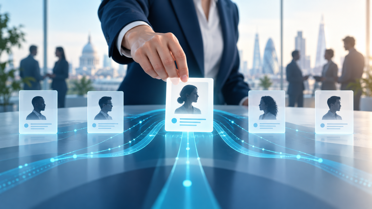 Conceptual illustration of a recruiter selecting a candidate profile connected by AI-powered digital pathways