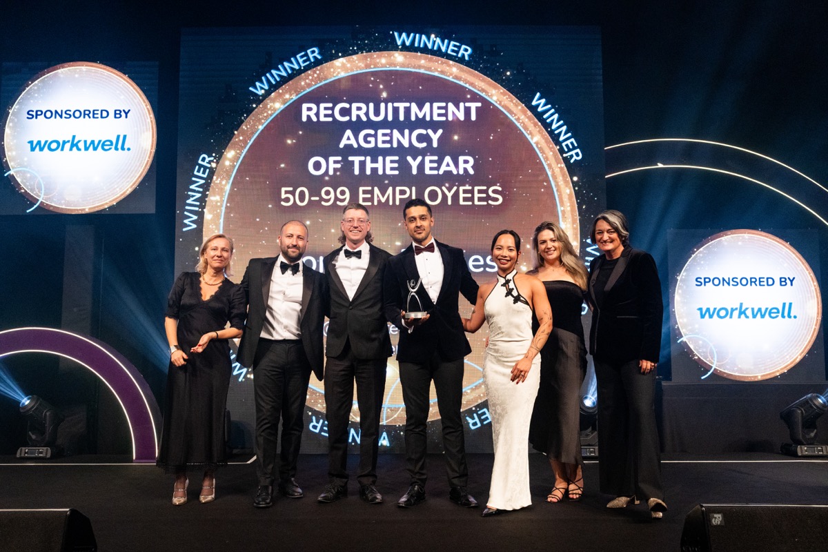 Forsyth Barnes representatives collecting the Recruitment Agency of the Year award on stage at the 2026 Recruiter Awards