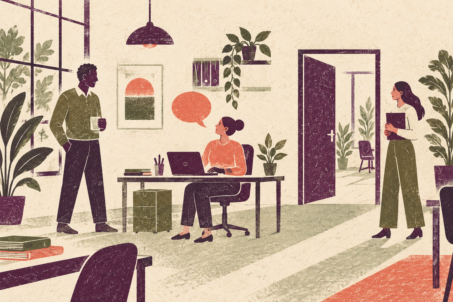 Editorial illustration of colleagues in an open office, with a speech bubble and open doorway representing safe reporting.