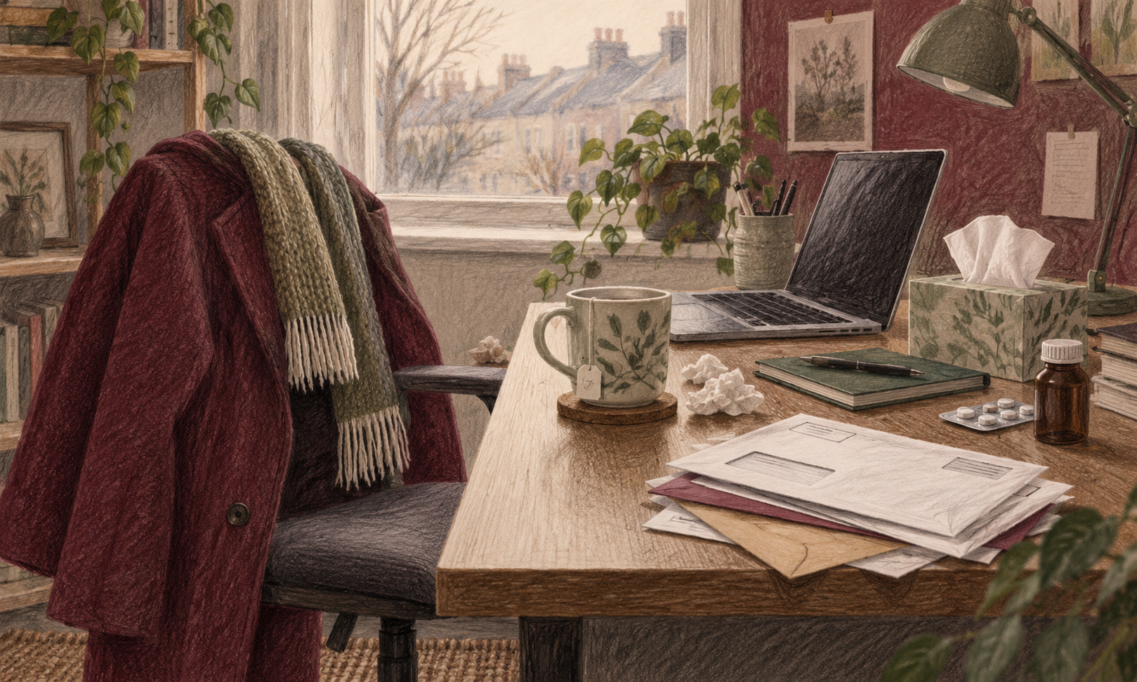 Editorial illustration of an empty desk with a coat, tissues and household bills, representing financial pressure to work while unwell.