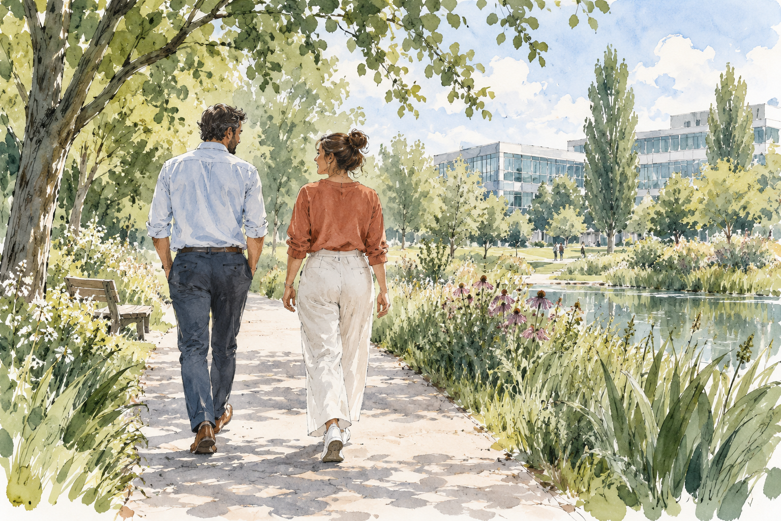 Watercolour illustration of two colleagues taking a walk along a tree-lined path outside an office.