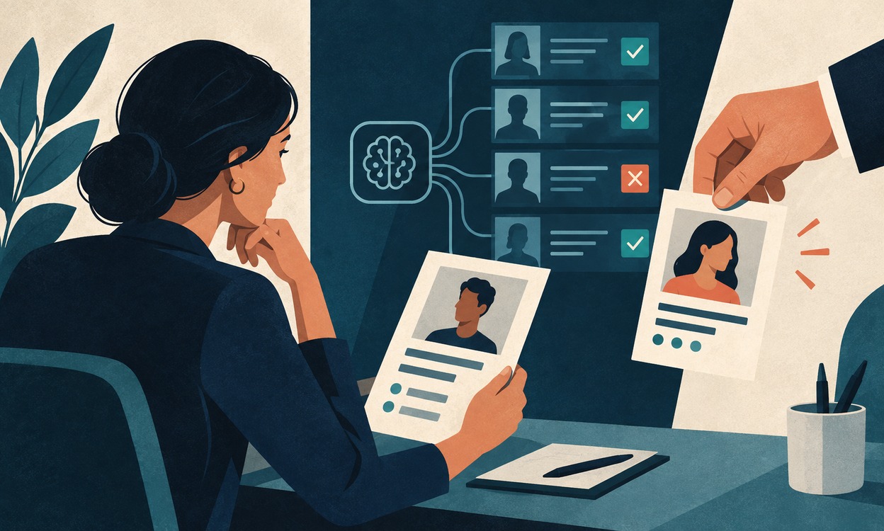 Editorial illustration: UK employers lag global peers on AI hiring as candidate trust remains fragile