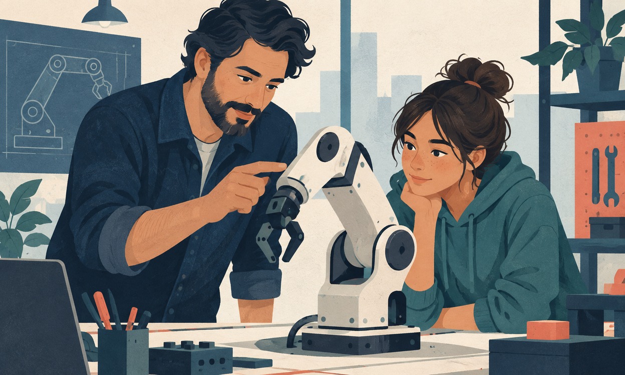 Adult and teenager exploring a robot arm together