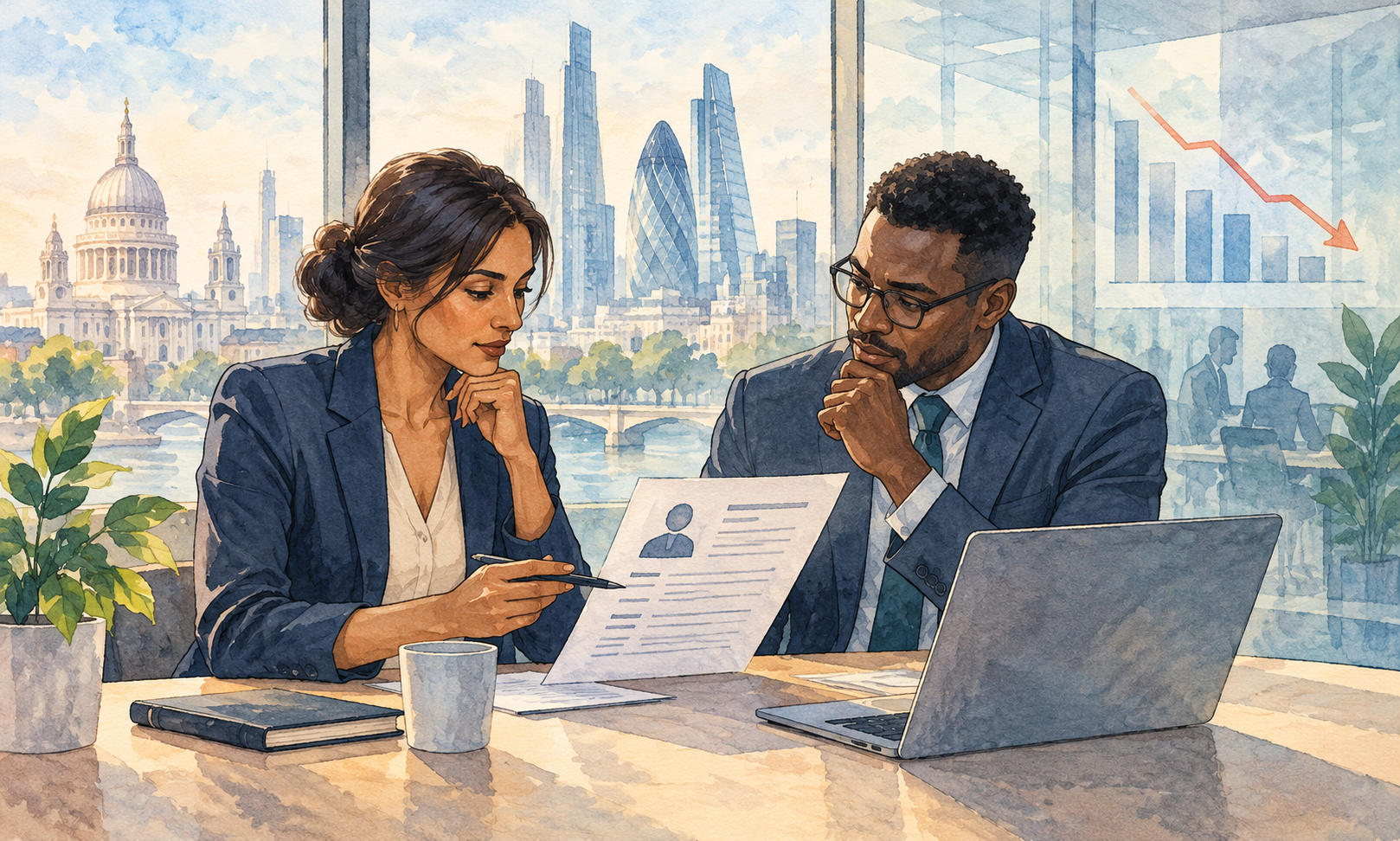 London finance recruitment Editorial illustration of two finance professionals reviewing selective hiring in London.