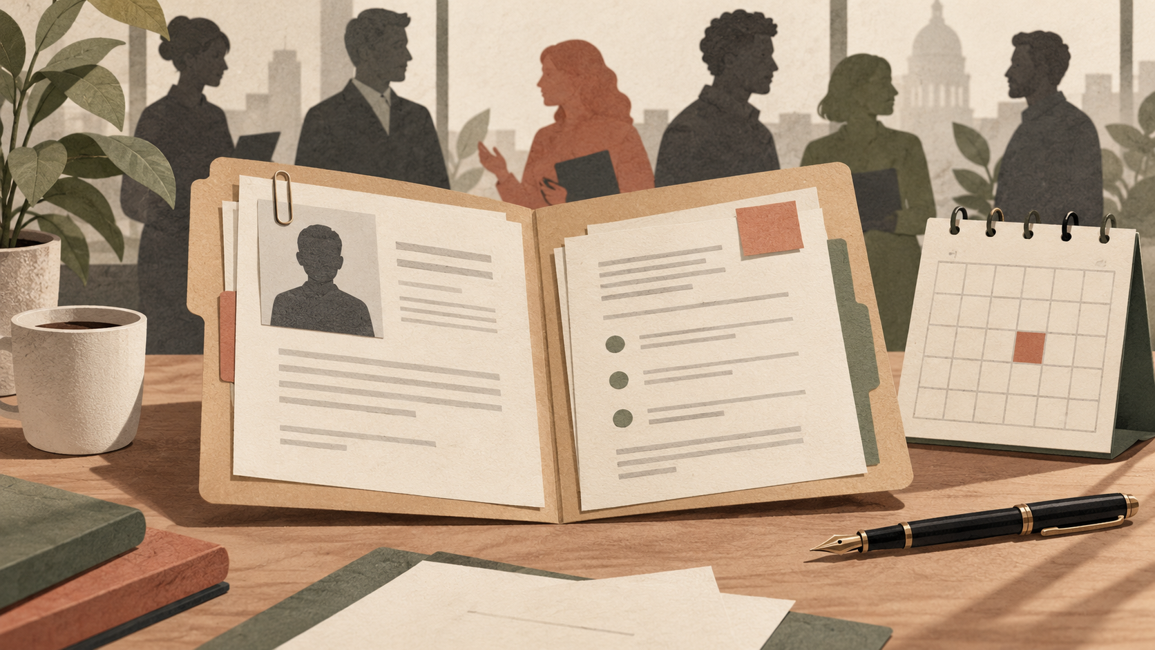 Editorial illustration of a personnel folder, calendar and pen with workplace colleagues in the background