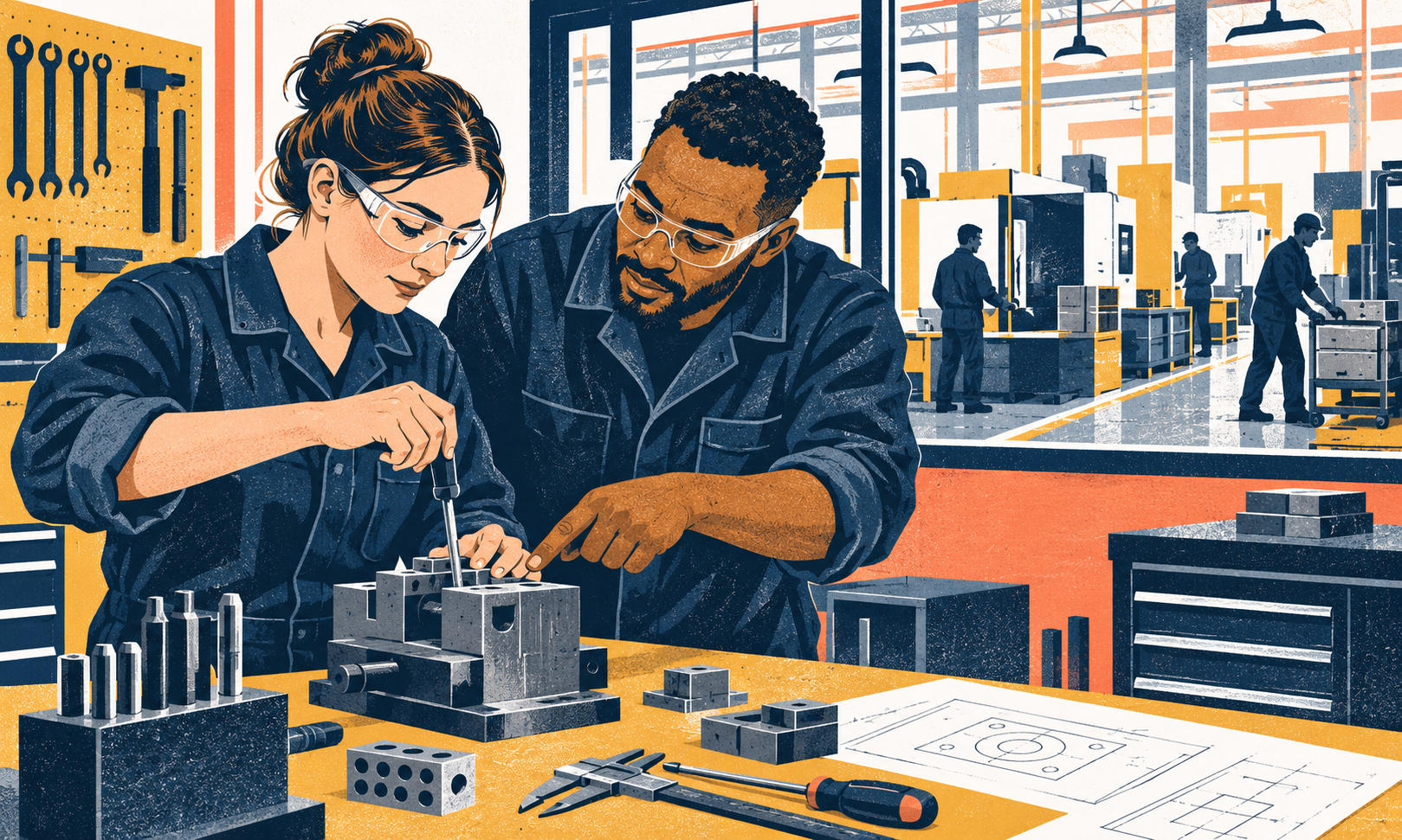 Screenprint-style illustration of two adult colleagues learning at a training bench beside a factory production area.