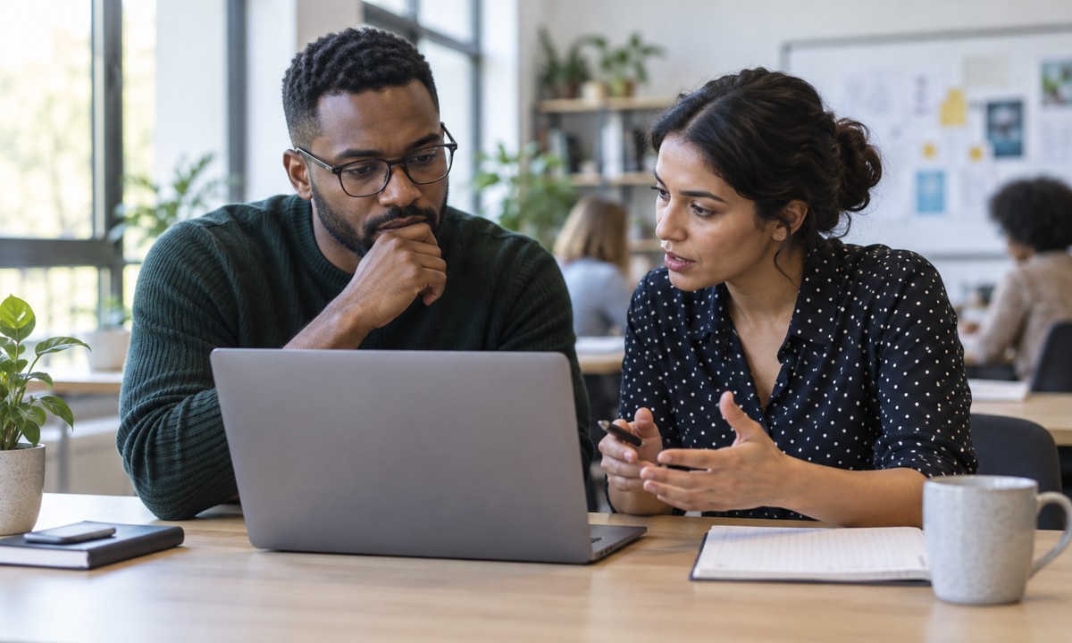 Illustration of colleagues critically reviewing information on a laptop