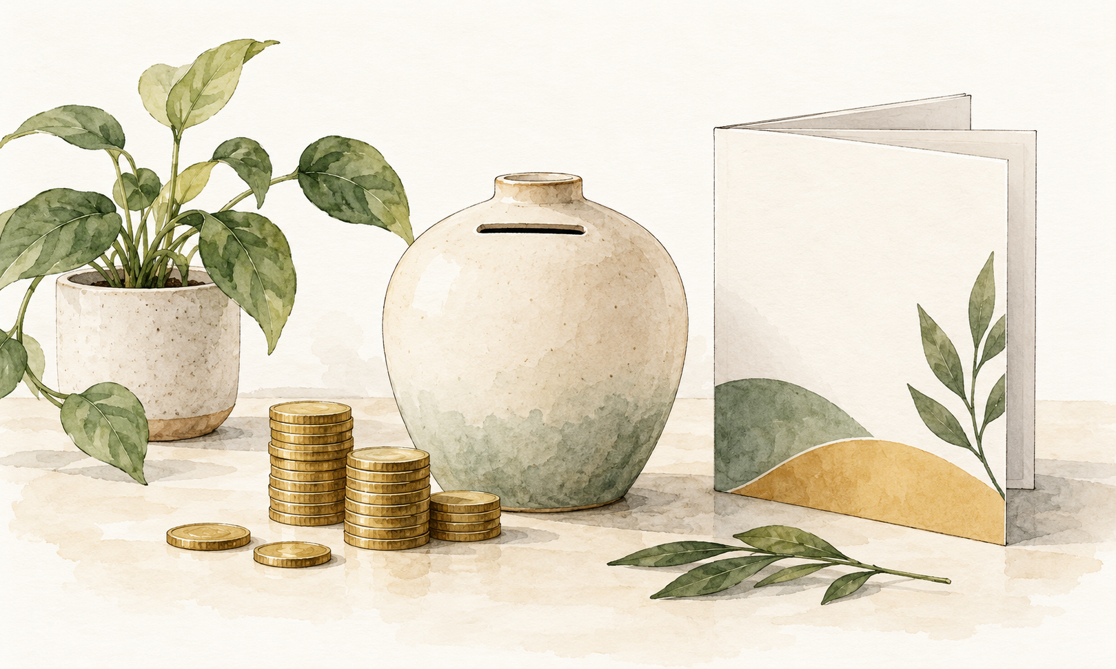 Watercolour illustration of a ceramic savings vessel, stacked coins, a benefits booklet and a leafy plant.