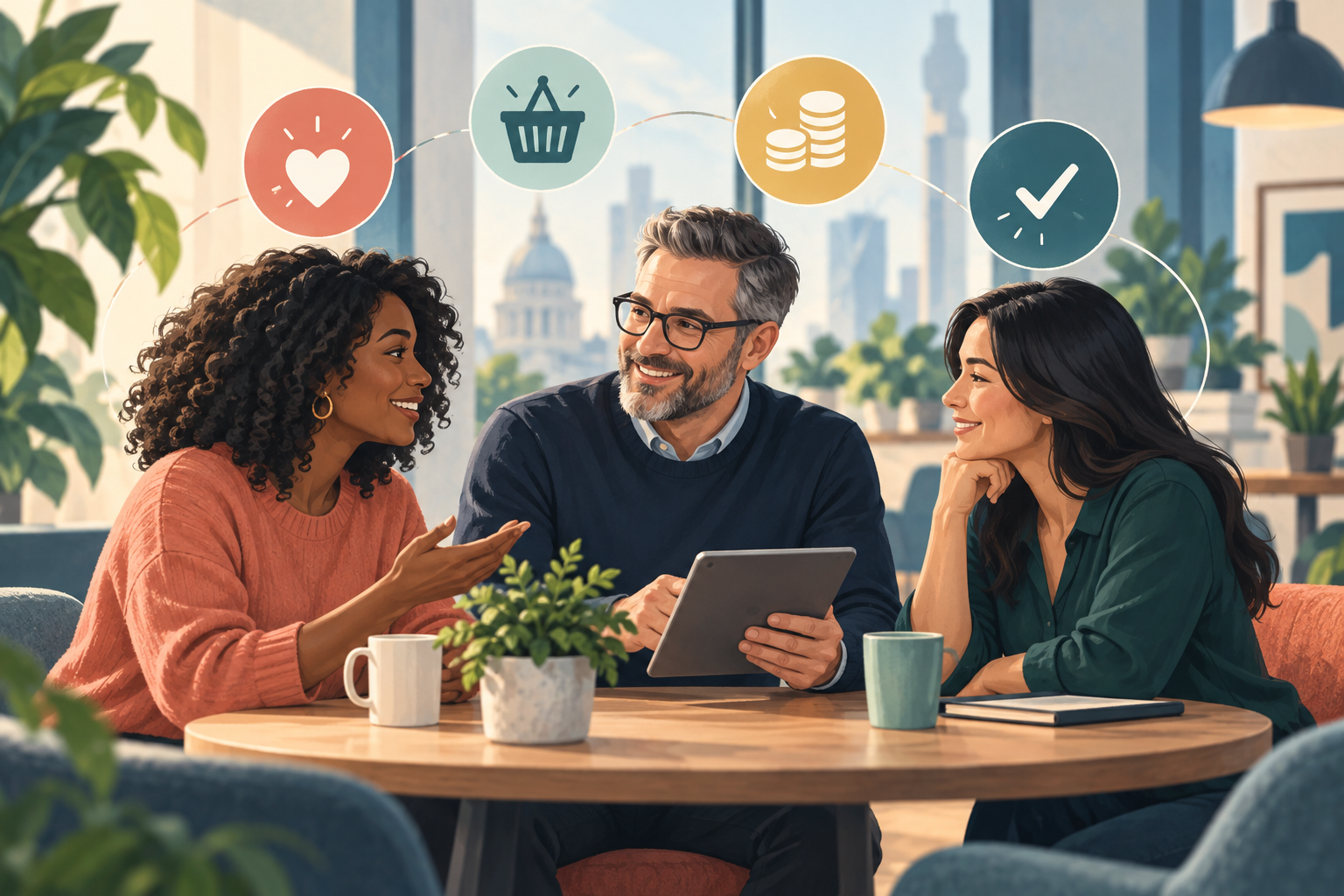 Practical employee benefits for 2027 — editorial illustration Editorial illustration of colleagues discussing employee benefits, with symbols for health, everyday savings and financial wellbeing.