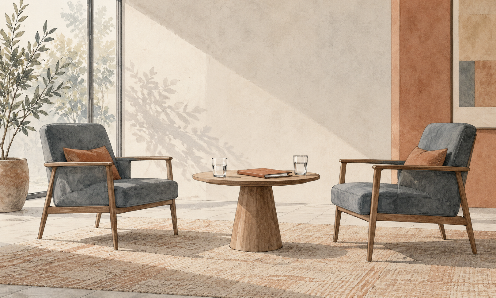 Watercolour illustration of two chairs facing each other across a table with a folder, representing a consultation meeting.