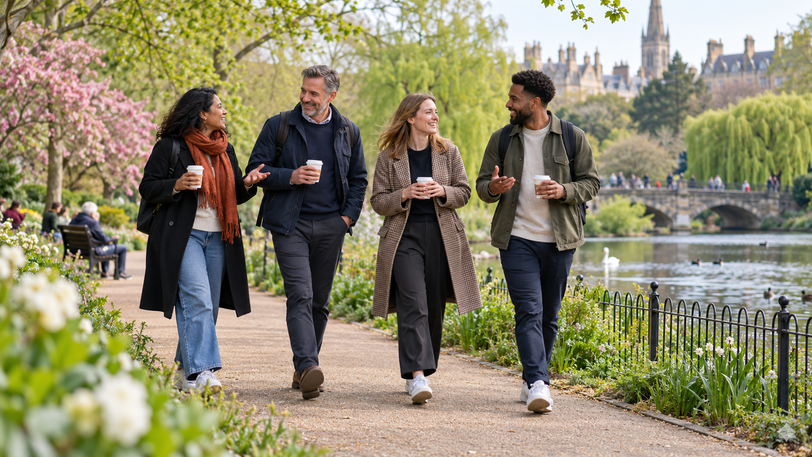 Colleagues talking during an outdoor walking meeting