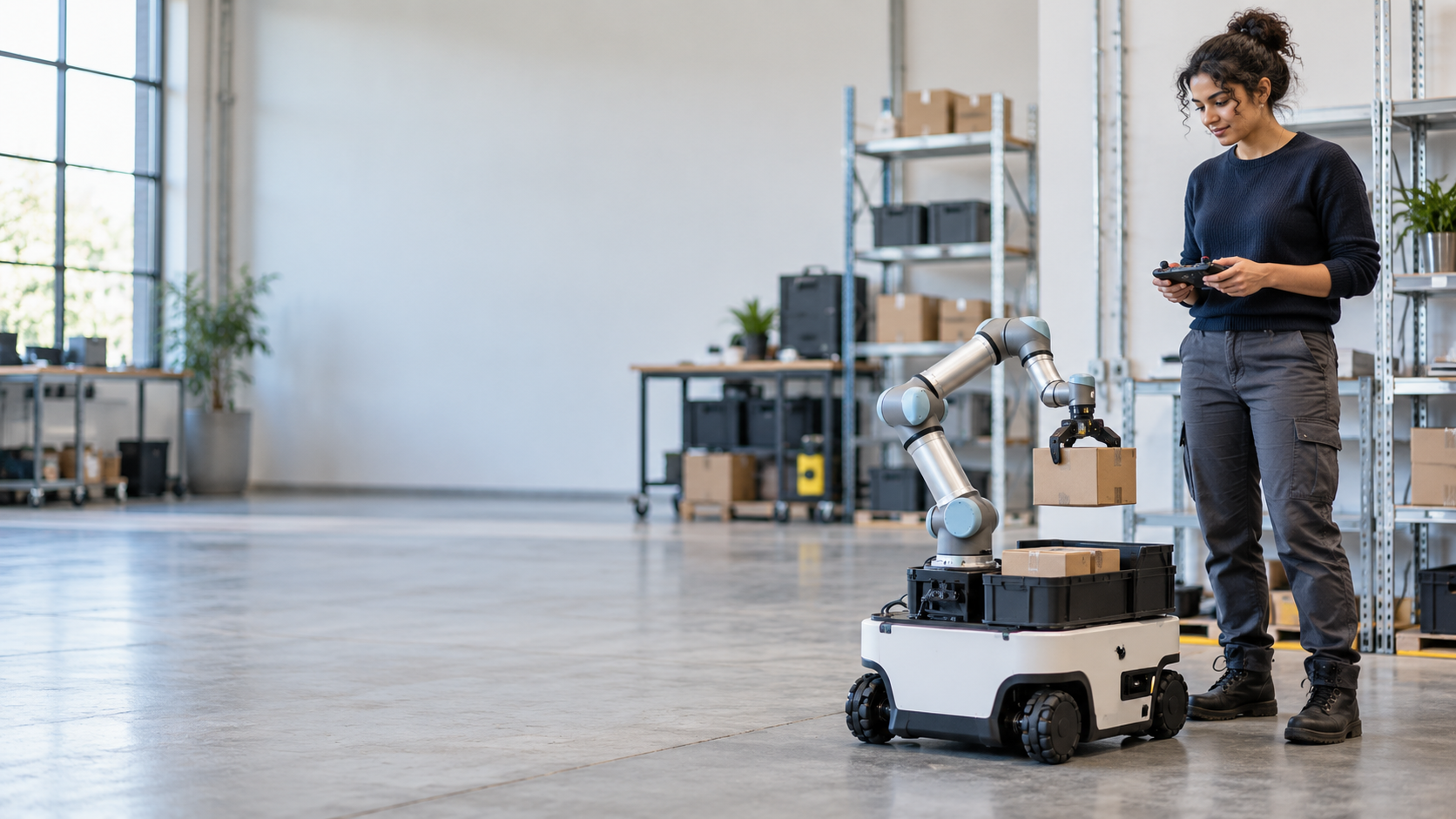 A worker operating a warehouse robot with a handheld controller