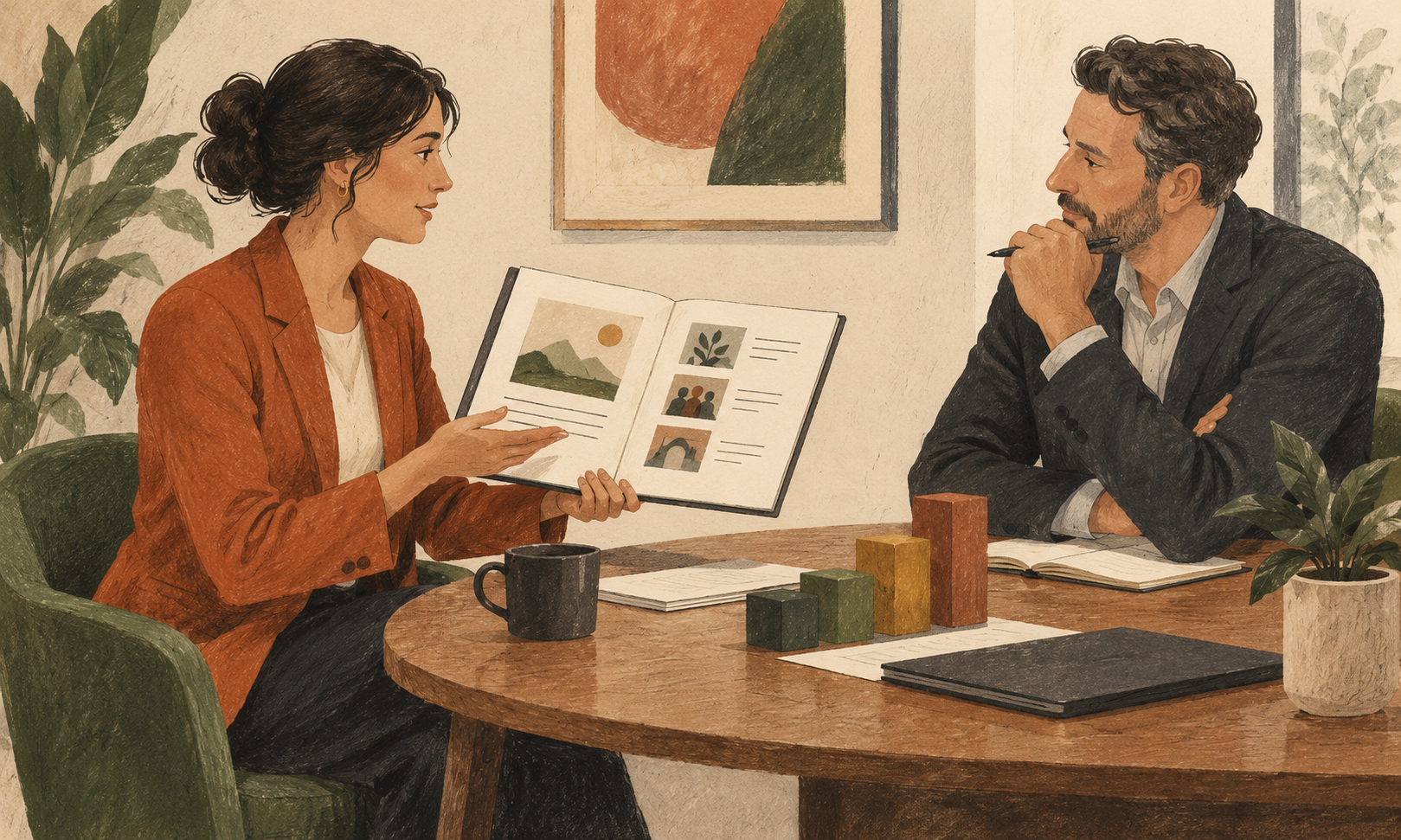 Editorial illustration of an employee discussing a portfolio of achievements with a manager across a meeting table.