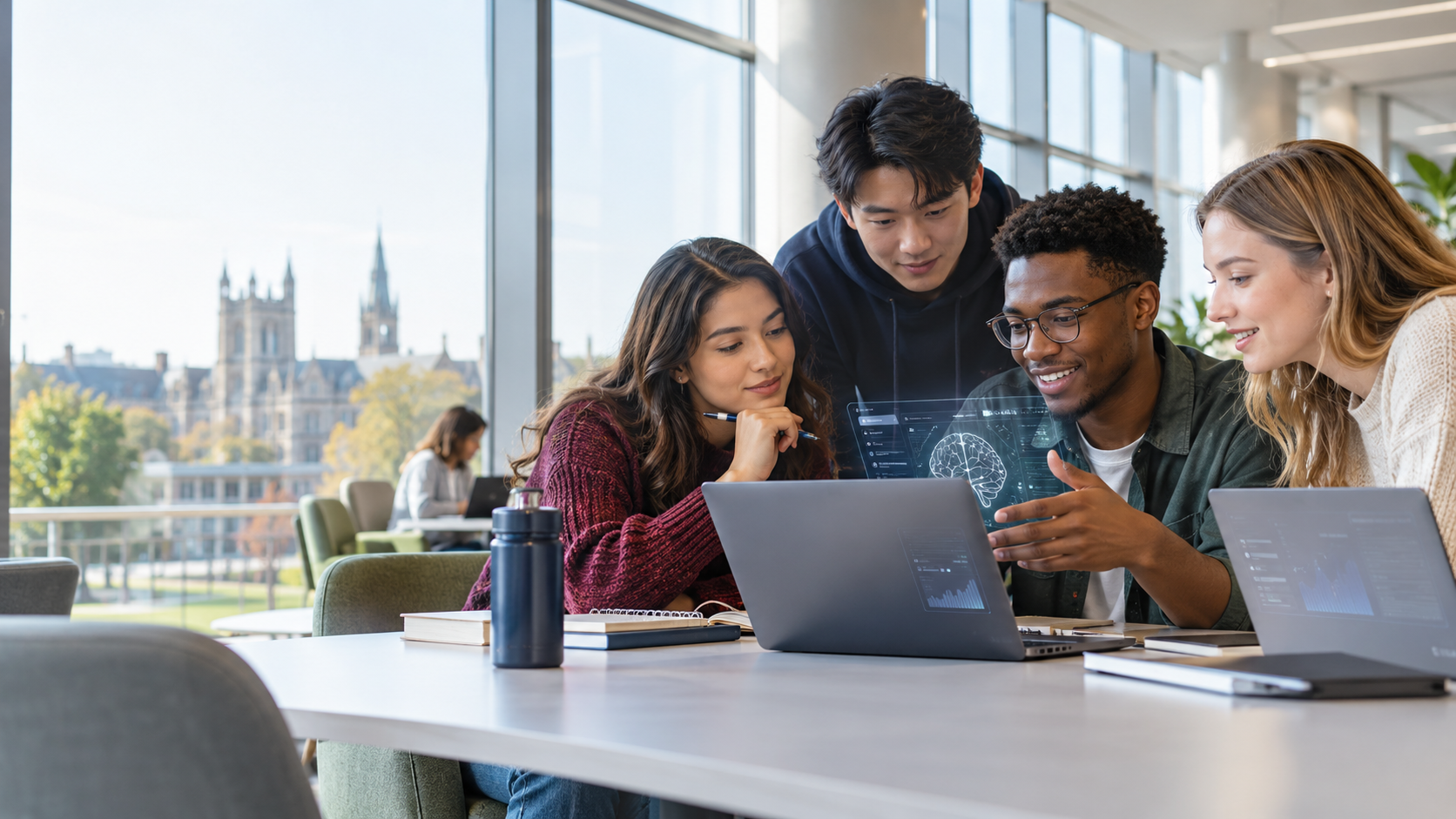 Building AI collaboration skills University students collaborating with laptops in a campus study space