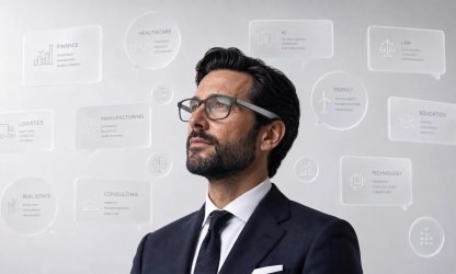 Promotional image of a man wearing smart glasses with industry labels in the background