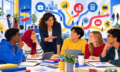 Editorial illustration of young people receiving careers guidance and exploring routes into business, accountancy and finance.