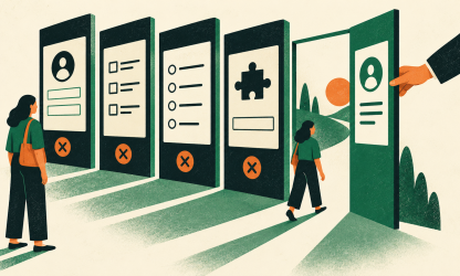 Editorial illustration showing an applicant passing through an open alternative route beside online screening panels.