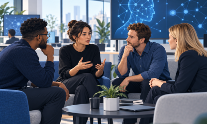 AI-generated editorial illustration of technology colleagues discussing concerns in an office.