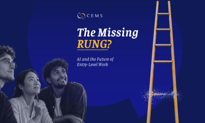 CEMS report artwork showing graduates looking towards a ladder with a missing rung