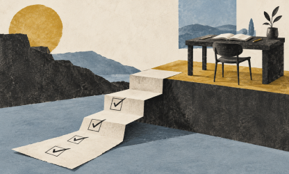 Editorial illustration of a checklist forming steps towards a desk and open book