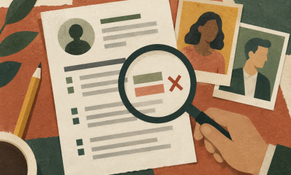 Paper-collage illustration of a magnifying glass checking details on a CV