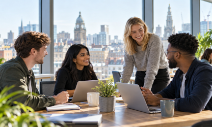 Young professionals collaborating in a Leeds office
