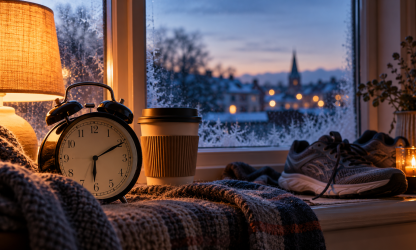 Clock and trainers by a winter window, representing work-life balance
