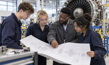 Young engineering apprentices reviewing a technical blueprint with a mentor