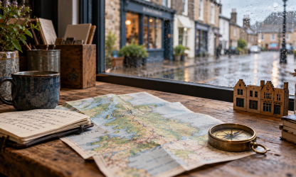 Map and compass on a small business workbench representing regional growth
