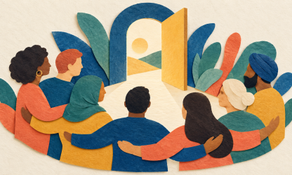 Paper collage showing people gathered around an open doorway