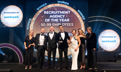 Forsyth Barnes representatives collecting the Recruitment Agency of the Year award on stage at the 2026 Recruiter Awards